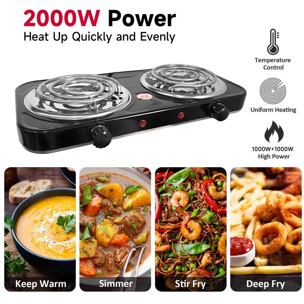 Hot Plate for Cooking,2000W Double Burner, Electric Stove Burner with 5 Levels Temperature Control,Black