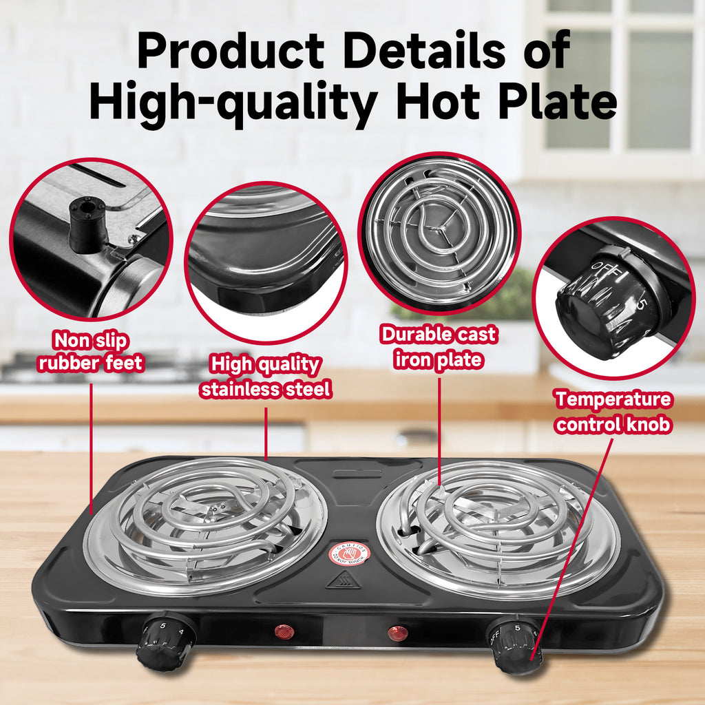 Hot Plate for Cooking,2000W Double Burner, Electric Stove Burner with 5 Levels Temperature Control,Black