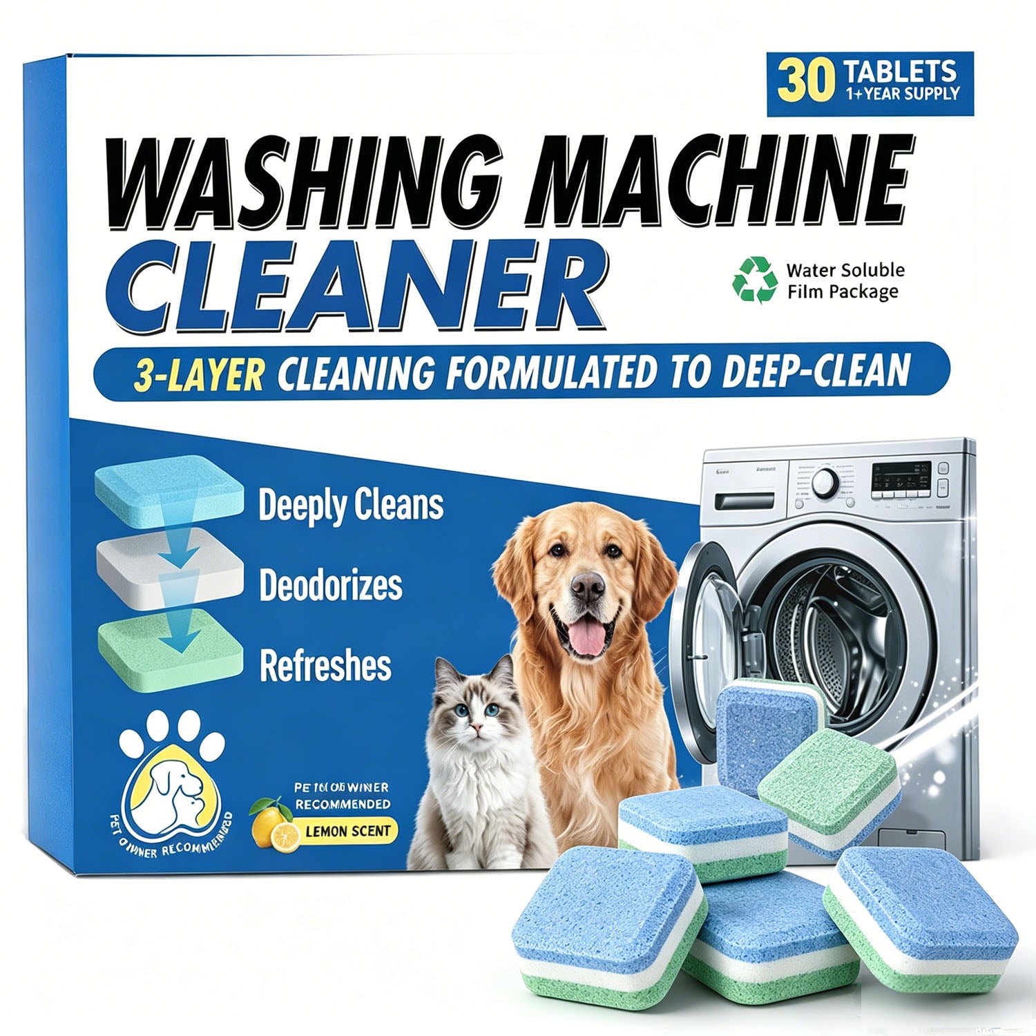 30 Pack Washer Machine Cleaner Tablets, for Pet Owners