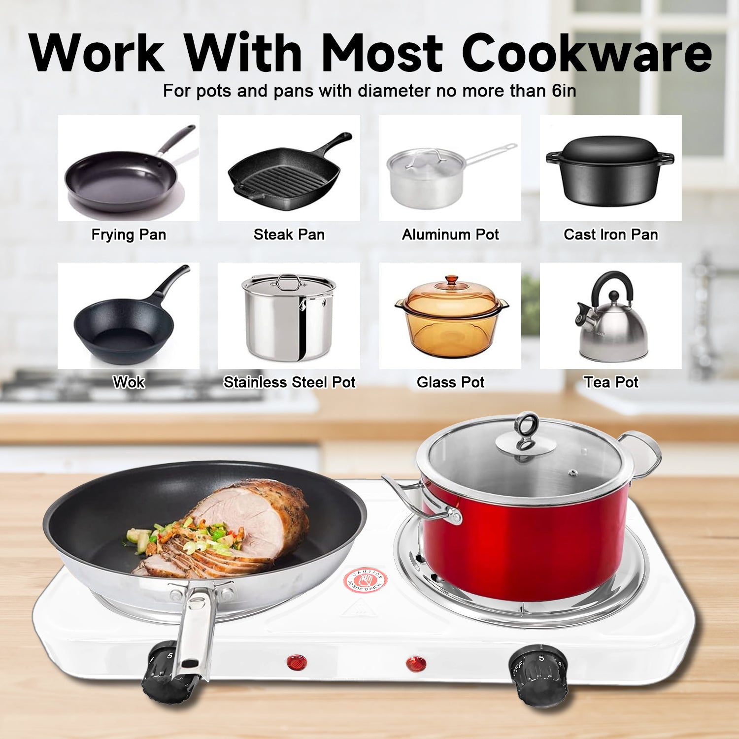 Hot Plate,Double Burner, 2000W Electric Stove Burner with 5 Levels Temperature Control,White