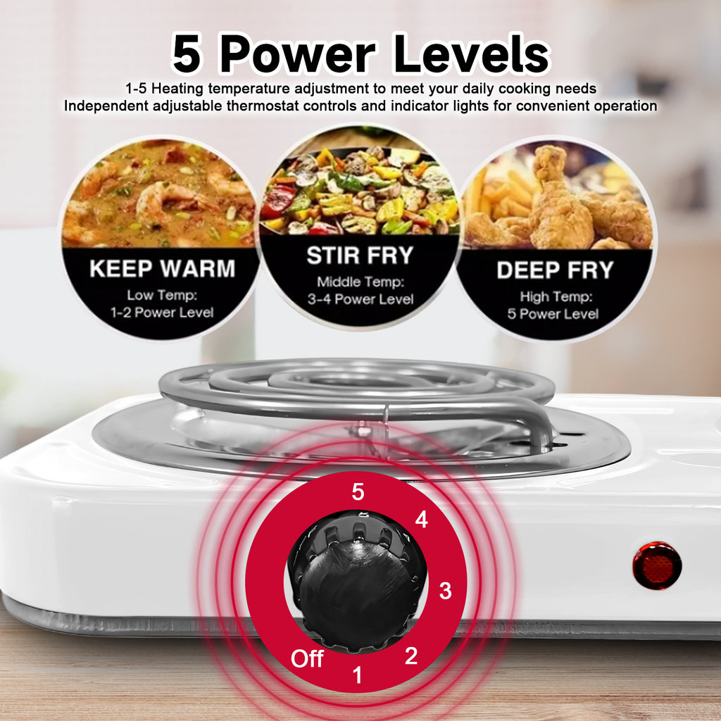 Hot Plate,Double Burner, 2000W Electric Stove Burner with 5 Levels Temperature Control,White